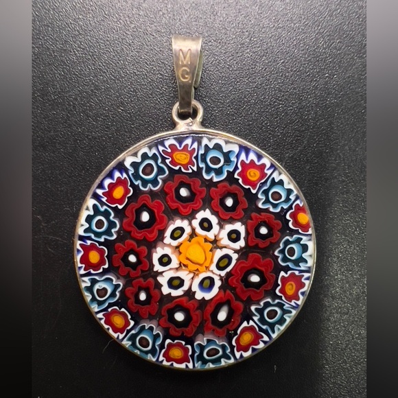 MURANO MILLEFIORI GLASS 925 STERLING SILVER PENDANT RED BLUE ORANGE WHITE - Picture 1 of 5
